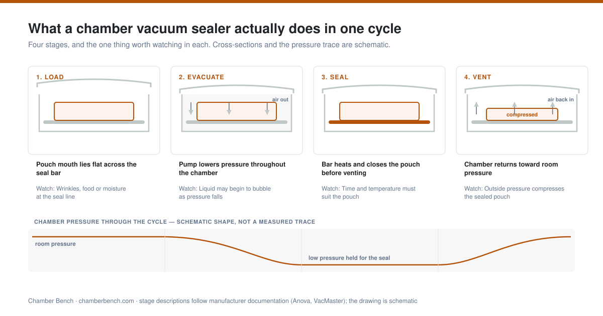 Four chamber cross-sections showing load, evacuate, seal and vent stages with a schematic chamber-pressure trace beneath them