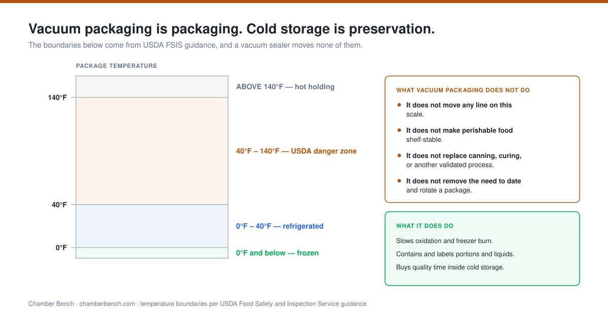 Temperature scale marking the USDA frozen, refrigerated and danger-zone bands, with a list of what vacuum packaging does and does not change