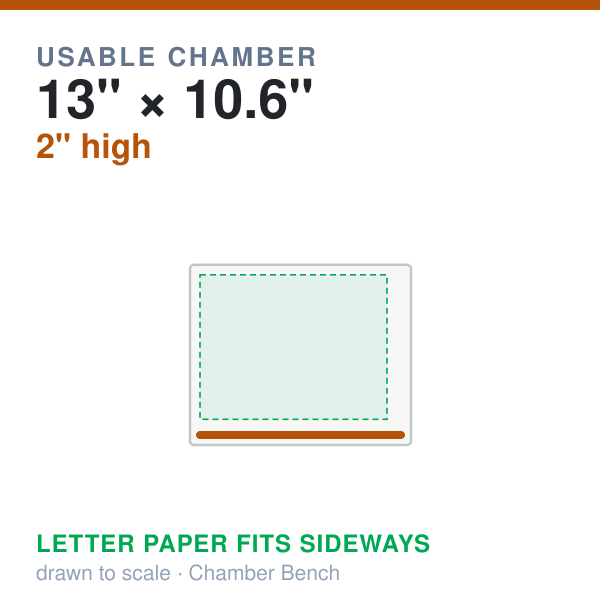 VEVOR DZ-260S Chamber Sealer usable chamber footprint drawn to scale with a sheet of US Letter paper inside it